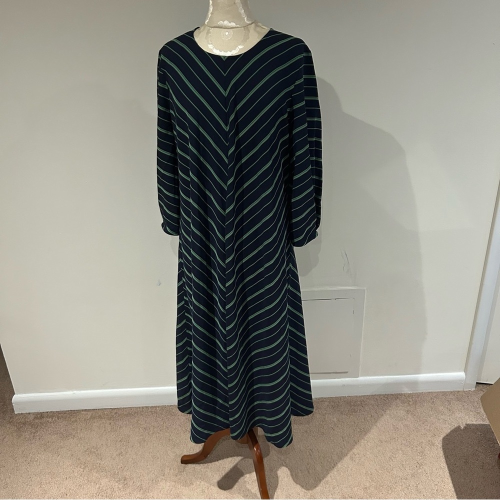 Nine West Navy Green Chevron Stripe Maxi Dress Size XL Long Sleeve Scoop Neck